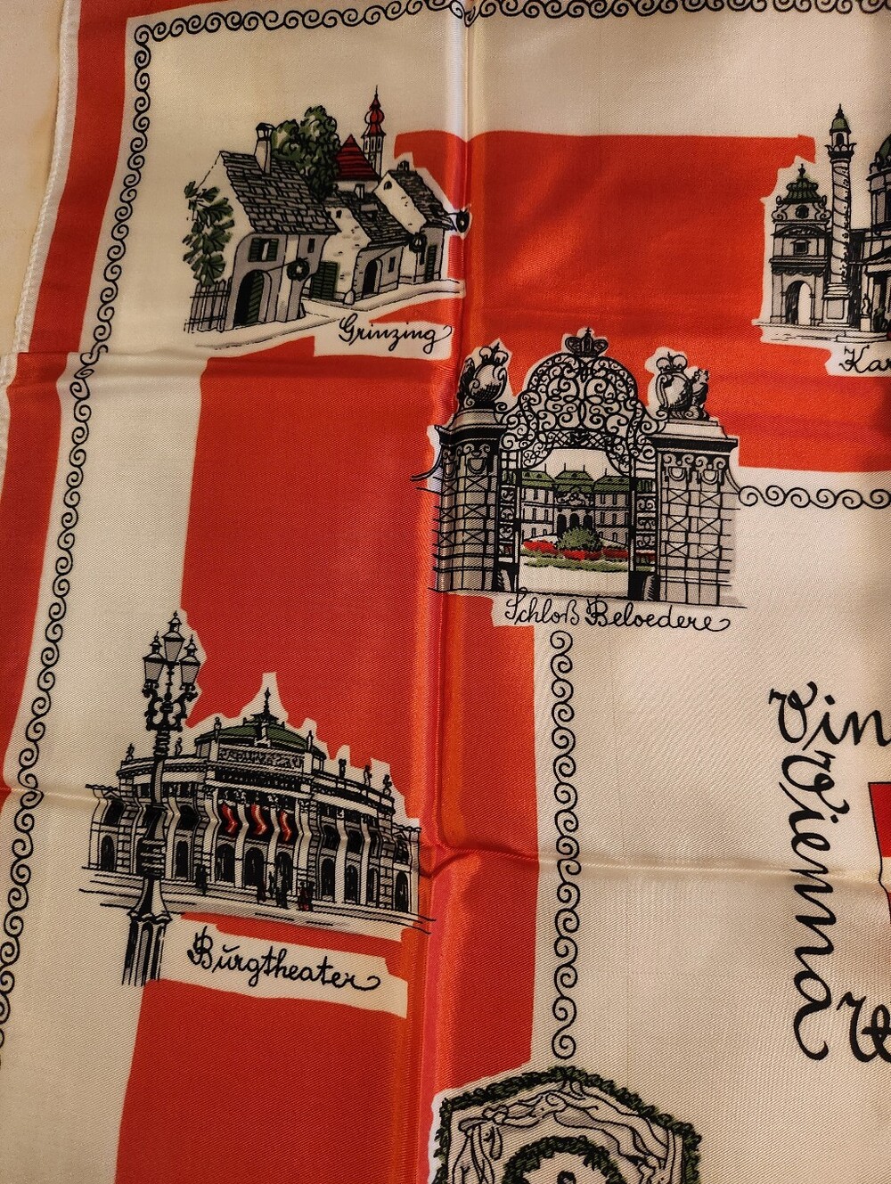 Vintage Vienna Wein Scarf, Souvenir Landmarks, Austria, Travel, Red Black White - Picture 5 of 9